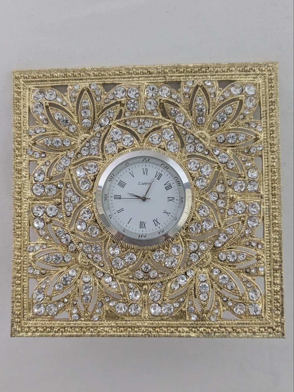 Olivia Riegel Windsor Desk Clock Gold Handset Swarovski Crystal 4 inch Square